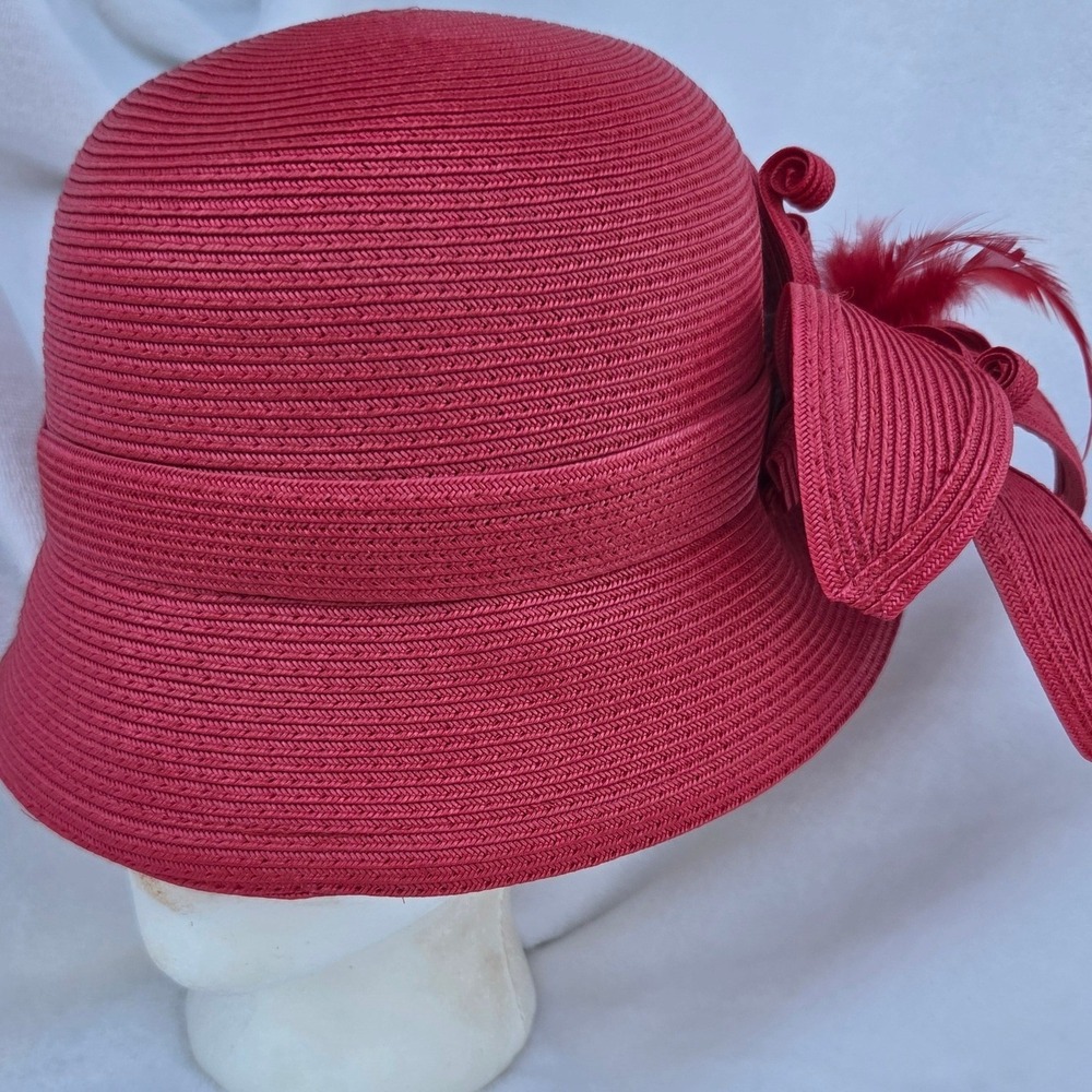 August Accessories Fine Millinery Cloche Hat Red Bow Feather Vintage Style Women